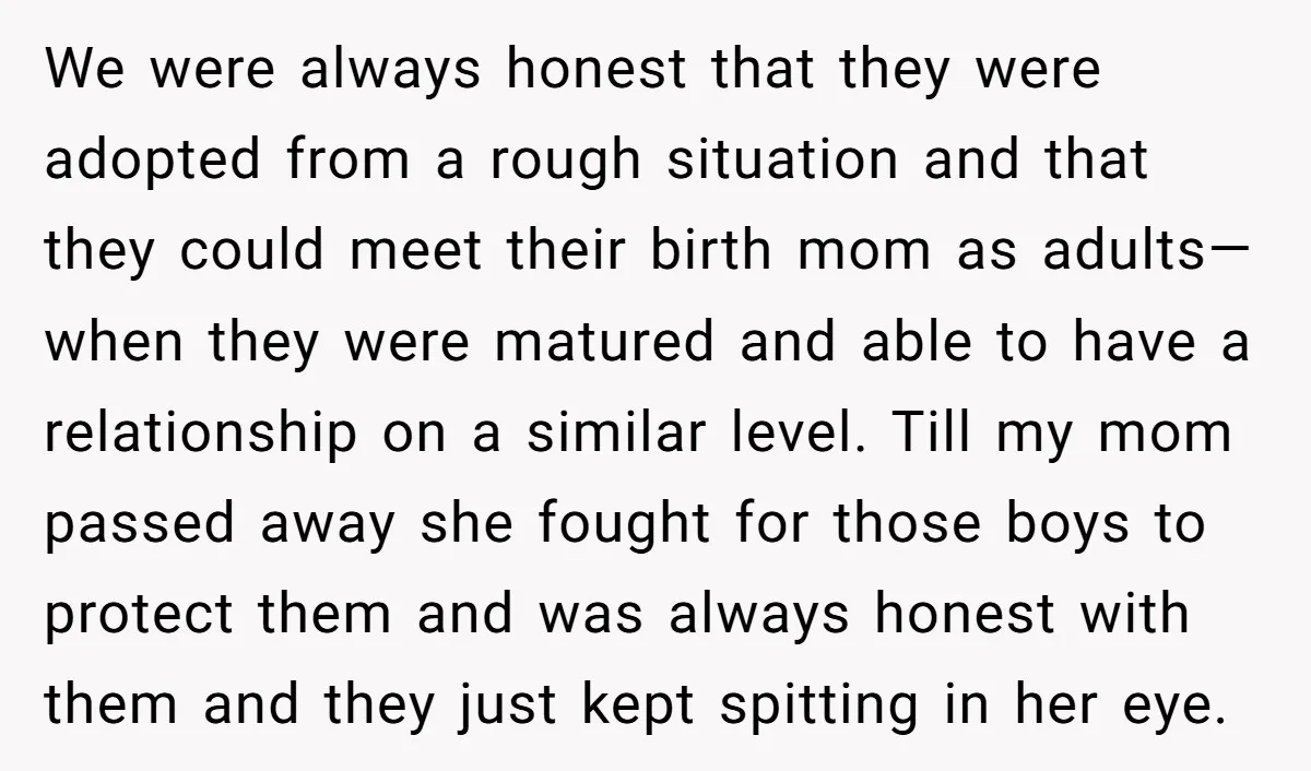 We were always honest that they were adopted from a rough situation and that they could meet their birth mom as adults—when they were matured and able to have a...