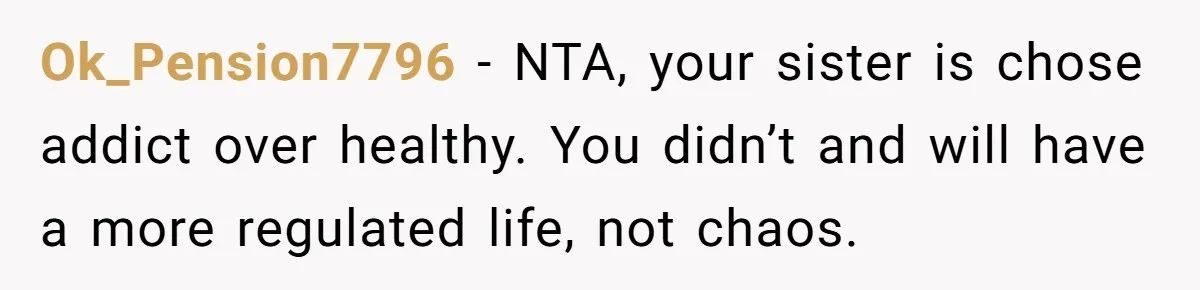 Ok_Pension7796 − NTA, your sister is chose addict over healthy. You didn’t and will have a more regulated life, not chaos.