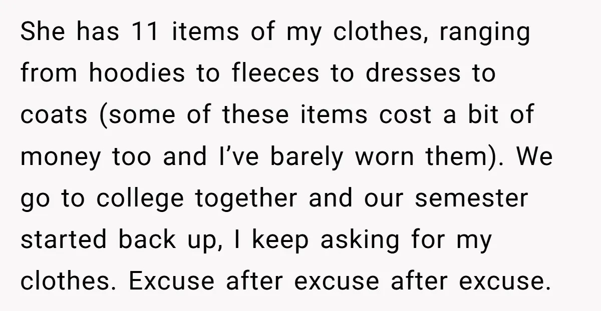 She has 11 items of my clothes, ranging from hoodies to fleeces to dresses to coats (some of these items cost a bit of money too and I’ve barely worn...