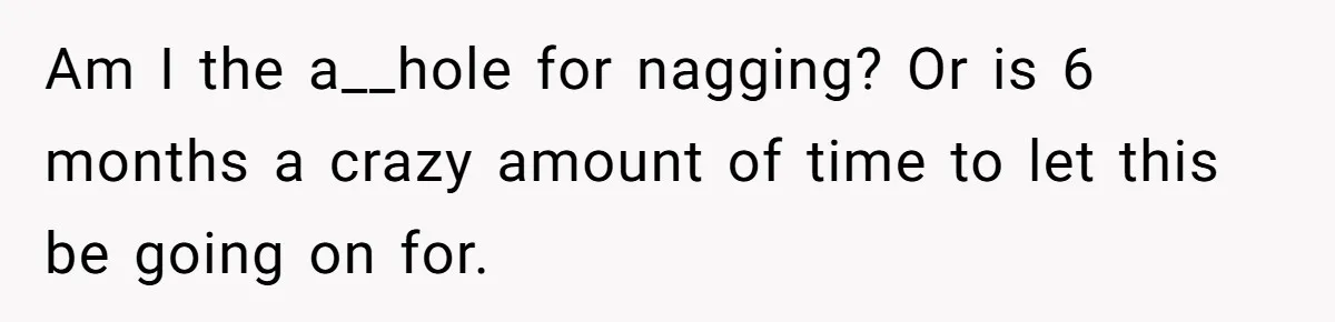 Am I the a__hole for nagging? Or is 6 months a crazy amount of time to let this be going on for.