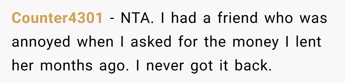 Counter4301 − NTA. I had a friend who was annoyed when I asked for the money I lent her months ago. I never got it back.