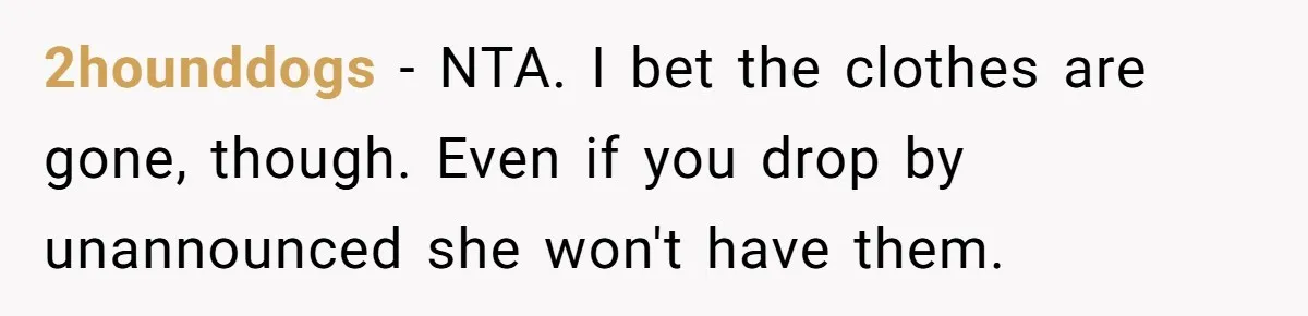 2hounddogs − NTA. I bet the clothes are gone, though. Even if you drop by unannounced she won't have them.