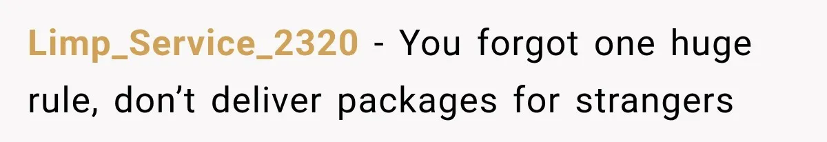 Limp_Service_2320 − You forgot one huge rule, don’t deliver packages for strangers