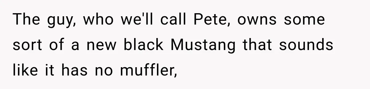 The guy, who we'll call Pete, owns some sort of a new black Mustang that sounds like it has no muffler,