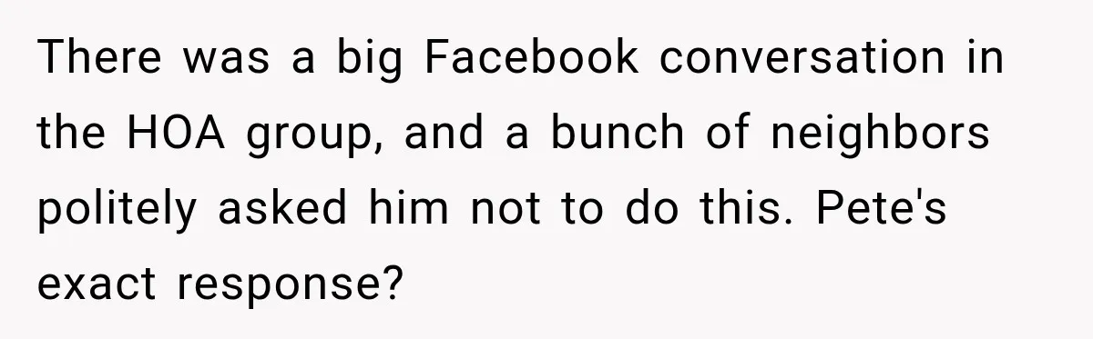 There was a big Facebook conversation in the HOA group, and a bunch of neighbors politely asked him not to do this. Pete's exact response?