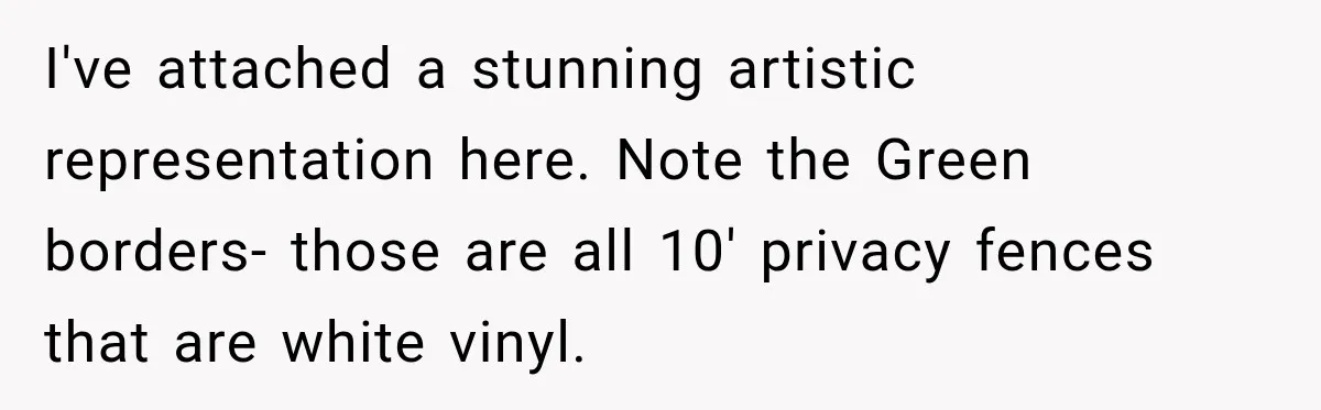 I've attached a stunning artistic representation here. Note the Green borders- those are all 10' privacy fences that are white vinyl.