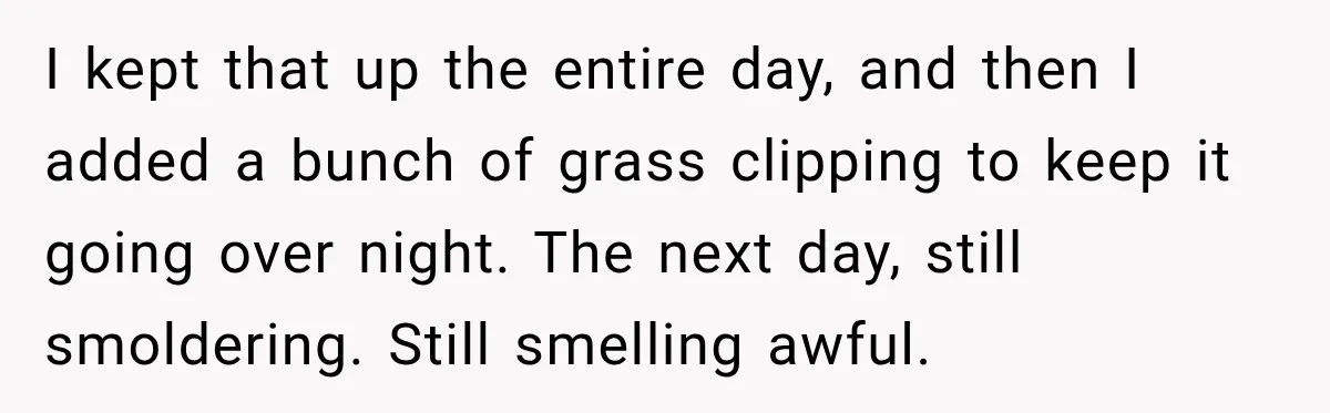 I kept that up the entire day, and then I added a bunch of grass clipping to keep it going over night. The next day, still smoldering. Still smelling awful.