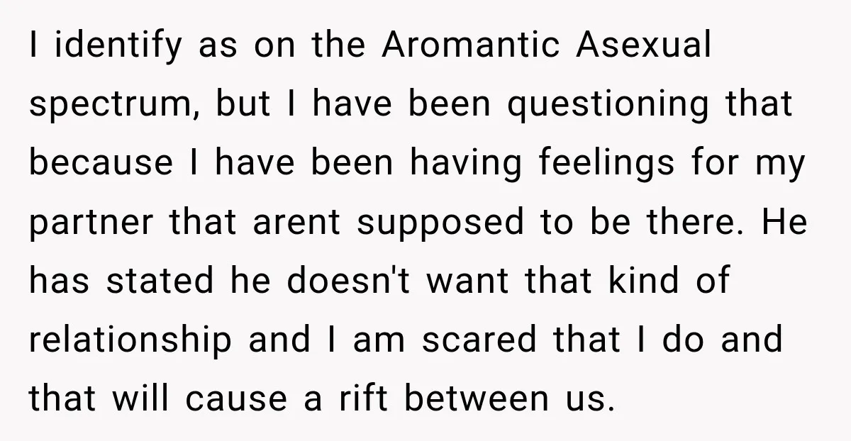 I identify as on the Aromantic Asexual spectrum, but I have been questioning that because I have been having feelings for my partner that arent supposed to be there. He...