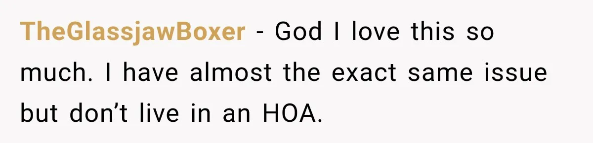 TheGlassjawBoxer − God I love this so much. I have almost the exact same issue but don’t live in an HOA.