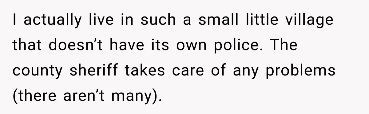 I actually live in such a small little village that doesn’t have its own police. The county sheriff takes care of any problems (there aren’t many).