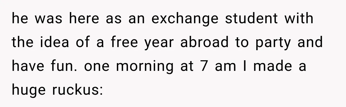 he was here as an exchange student with the idea of a free year abroad to party and have fun. one morning at 7 am I made a huge ruckus: