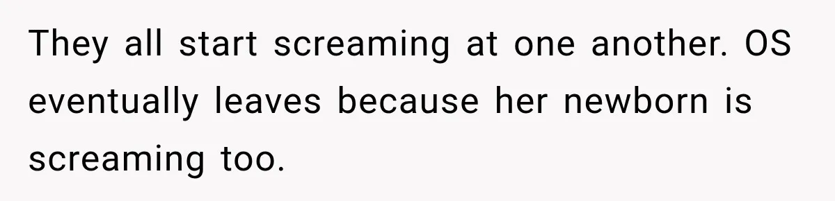 They all start screaming at one another. OS eventually leaves because her newborn is screaming too.