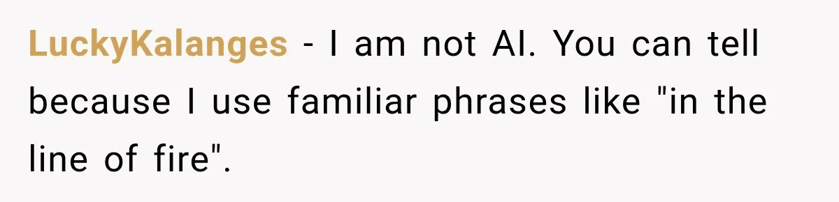 LuckyKalanges − I am not AI. You can tell because I use familiar phrases like "in the line of fire".
