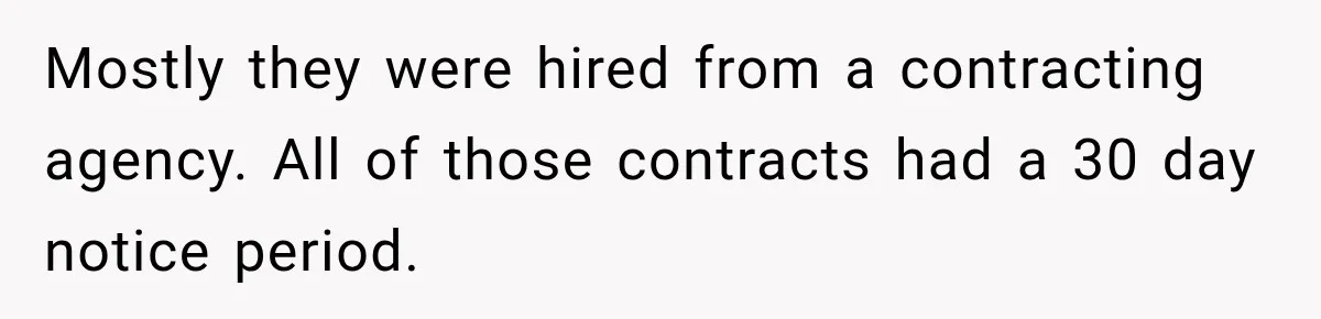 Mostly they were hired from a contracting agency. All of those contracts had a 30 day notice period.