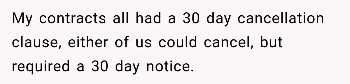 My contracts all had a 30 day cancellation clause, either of us could cancel, but required a 30 day notice.