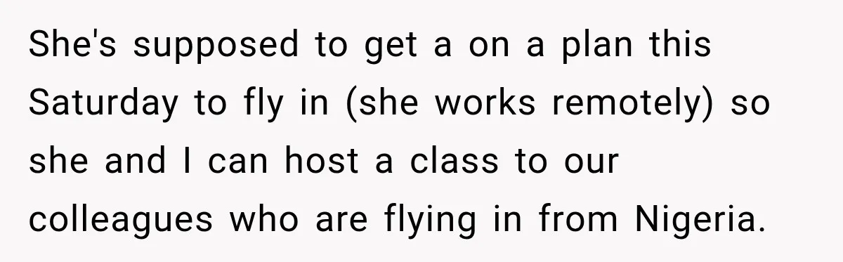 She's supposed to get a on a plan this Saturday to fly in (she works remotely) so she and I can host a class to our colleagues who are flying...
