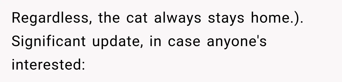 Regardless, the cat always stays home.). Significant update, in case anyone's interested: