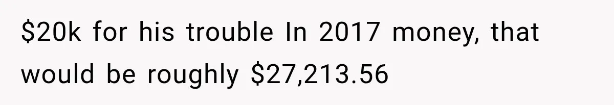 $20k for his trouble In 2017 money, that would be roughly $27,213.56