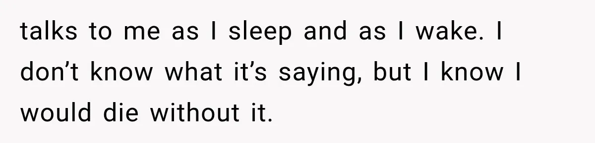 talks to me as I sleep and as I wake. I don’t know what it’s saying, but I know I would die without it.