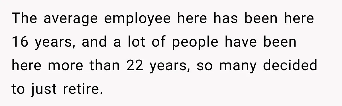 The average employee here has been here 16 years, and a lot of people have been here more than 22 years, so many decided to just retire.