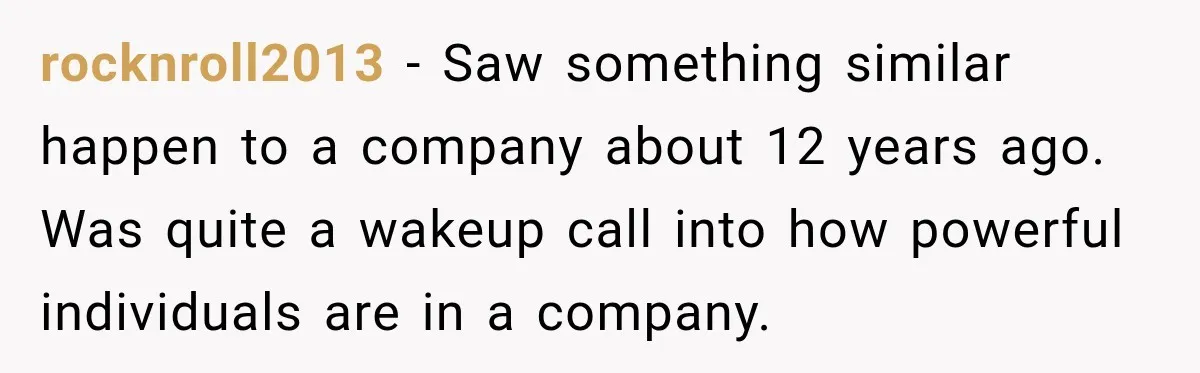 rocknroll2013 − Saw something similar happen to a company about 12 years ago. Was quite a wakeup call into how powerful individuals are in a company.