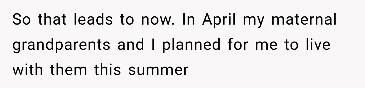 So that leads to now. In April my maternal grandparents and I planned for me to live with them this summer