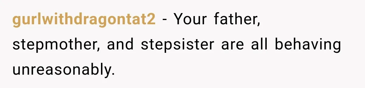 gurlwithdragontat2 − Your father, stepmother, and stepsister are all behaving unreasonably.