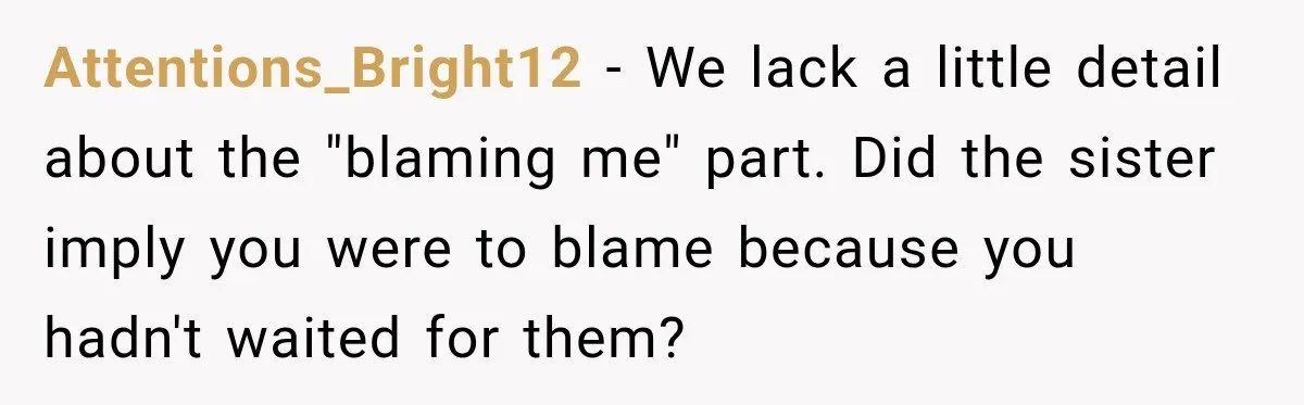 Attentions_Bright12 − We lack a little detail about the "blaming me" part. Did the sister imply you were to blame because you hadn't waited for them?