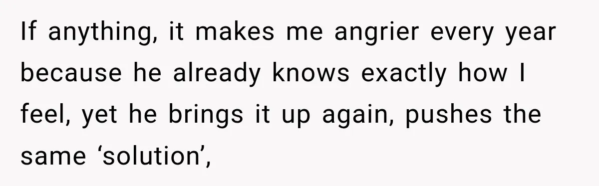 If anything, it makes me angrier every year because he already knows exactly how I feel, yet he brings it up again, pushes the same ‘solution’,
