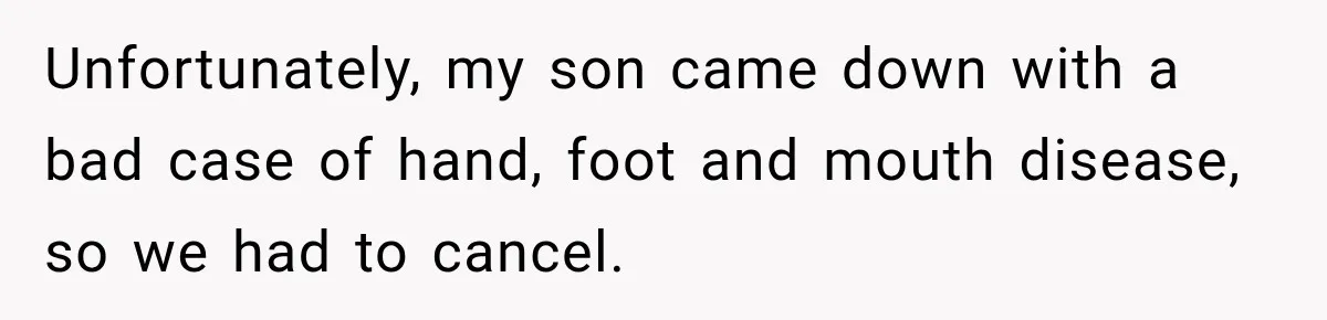 Unfortunately, my son came down with a bad case of hand, foot and mouth disease, so we had to cancel.