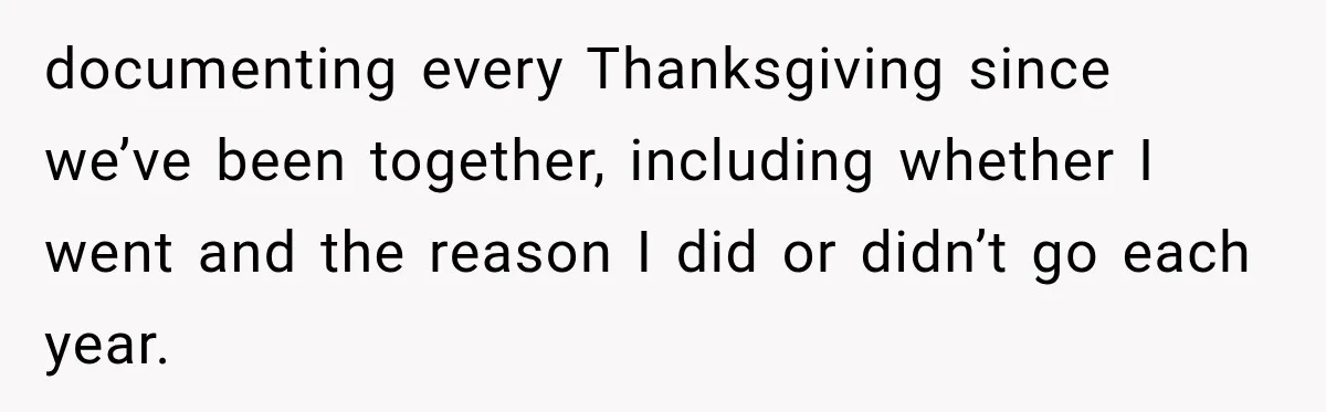 documenting every Thanksgiving since we’ve been together, including whether I went and the reason I did or didn’t go each year.