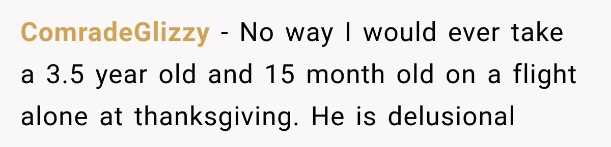 ComradeGlizzy − No way I would ever take a 3.5 year old and 15 month old on a flight alone at thanksgiving. He is delusional