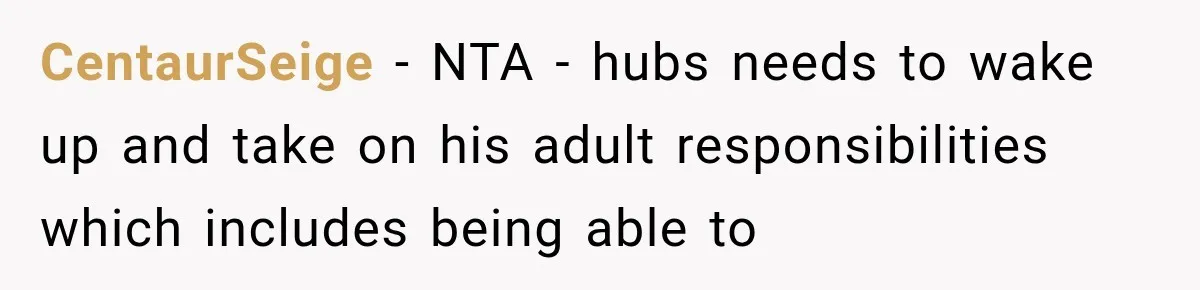 CentaurSeige − NTA - hubs needs to wake up and take on his adult responsibilities which includes being able to