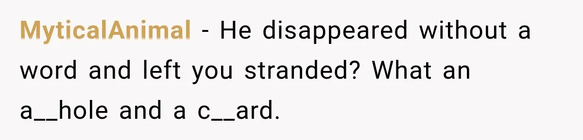 MyticalAnimal − He disappeared without a word and left you stranded? What an a__hole and a c__ard.