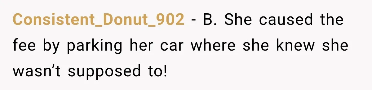 Consistent_Donut_902 − B. She caused the fee by parking her car where she knew she wasn’t supposed to!