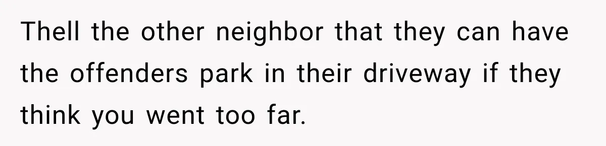 Thell the other neighbor that they can have the offenders park in their driveway if they think you went too far.