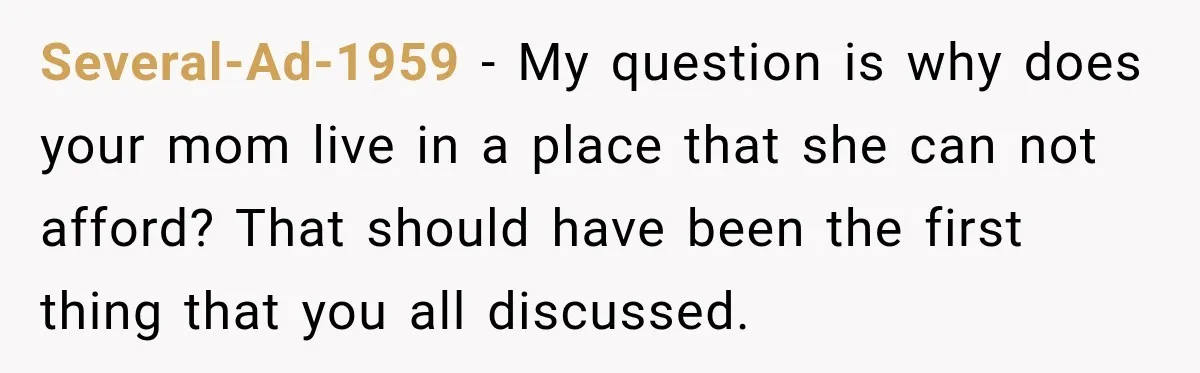 Several-Ad-1959 − My question is why does your mom live in a place that she can not afford? That should have been the first thing that you all discussed.