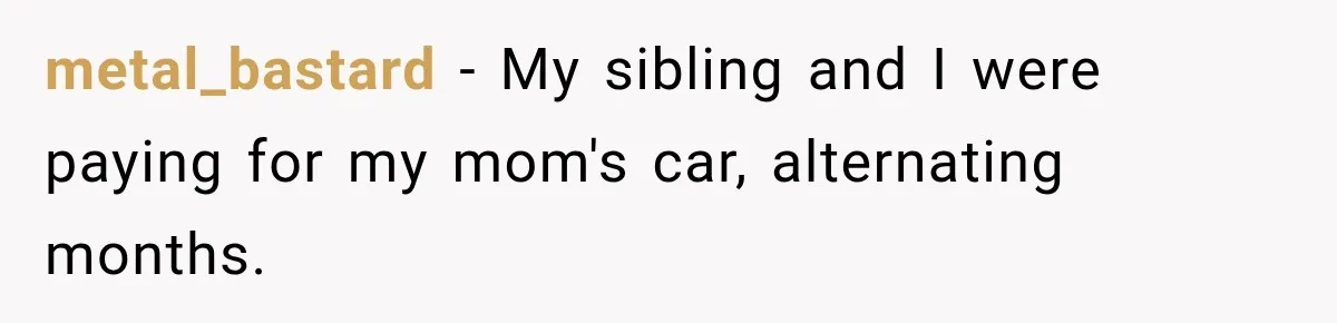 metal_bastard − My sibling and I were paying for my mom's car, alternating months.