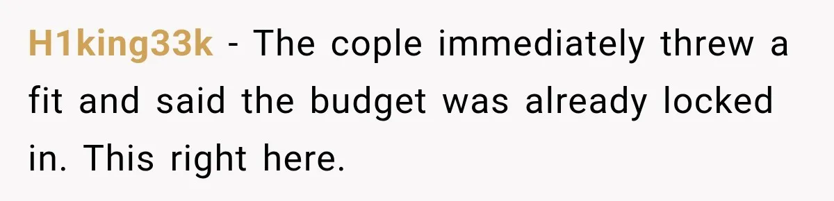 Woman Pays 40% for the Best Room, Friends Hand It to a Couple Anyway H1king33k − The cople immediately threw a fit and said the budget was already locked in. This right here.