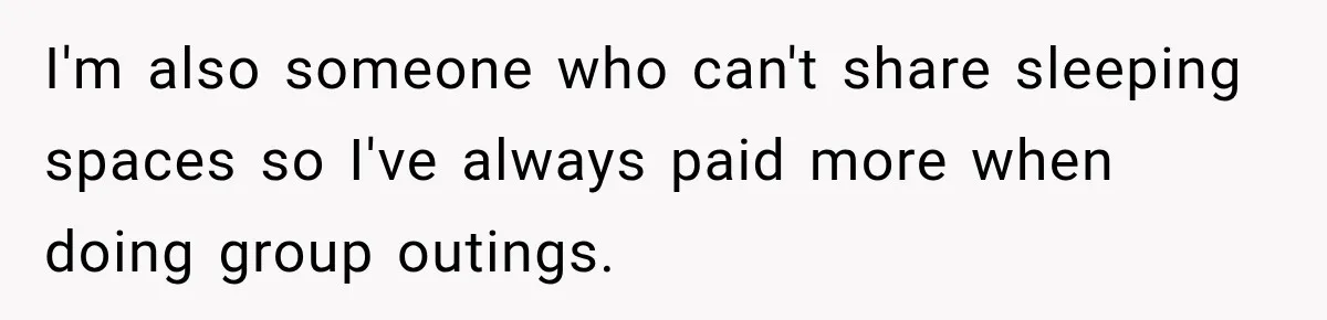 Woman Pays 40% for the Best Room, Friends Hand It to a Couple Anyway I'm also someone who can't share sleeping spaces so I've always paid more when doing group outings.