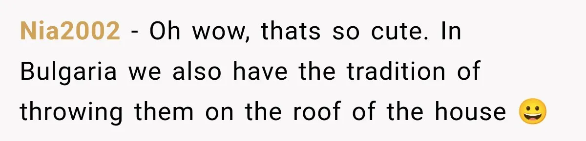 Nia2002 − Oh wow, thats so cute. In Bulgaria we also have the tradition of throwing them on the roof of the house 😀