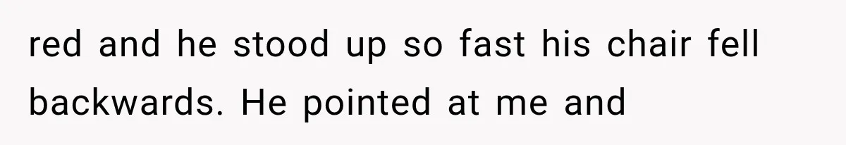 red and he stood up so fast his chair fell backwards. He pointed at me and