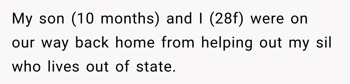 My son (10 months) and I (28f) were on our way back home from helping out my sil who lives out of state.