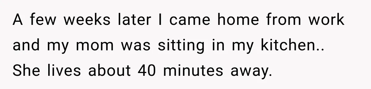 A few weeks later I came home from work and my mom was sitting in my kitchen.. She lives about 40 minutes away.