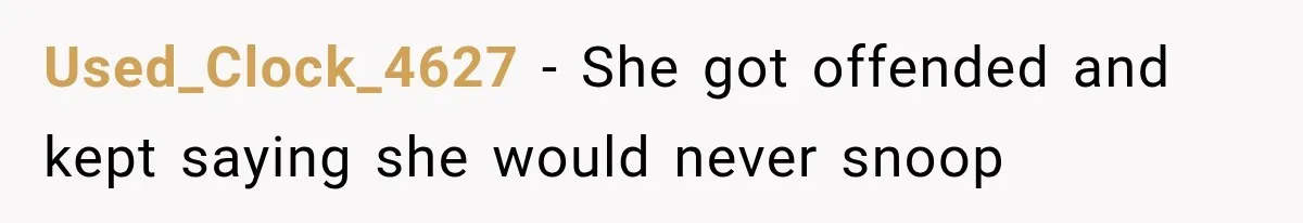 Used_Clock_4627 − She got offended and kept saying she would never snoop