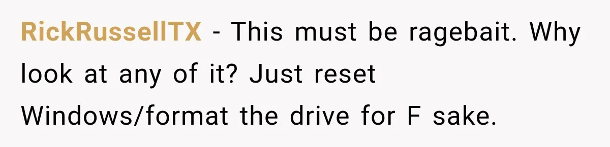 RickRussellTX − This must be ragebait. Why look at any of it? Just reset Windows/format the drive for F sake.