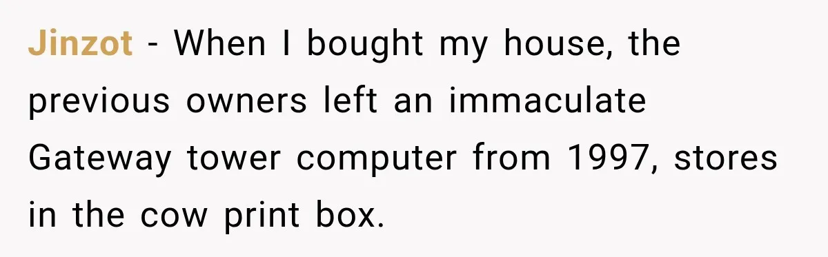 Jinzot − When I bought my house, the previous owners left an immaculate Gateway tower computer from 1997, stores in the cow print box.