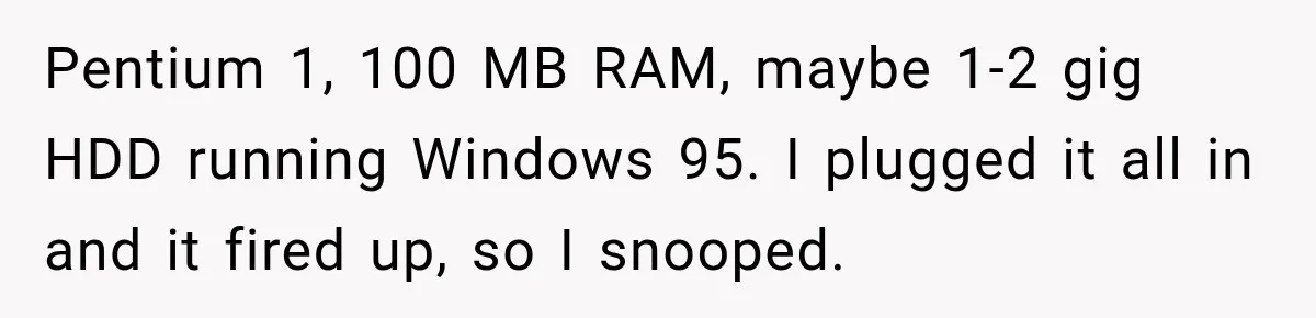 Pentium 1, 100 MB RAM, maybe 1-2 gig HDD running Windows 95. I plugged it all in and it fired up, so I snooped.