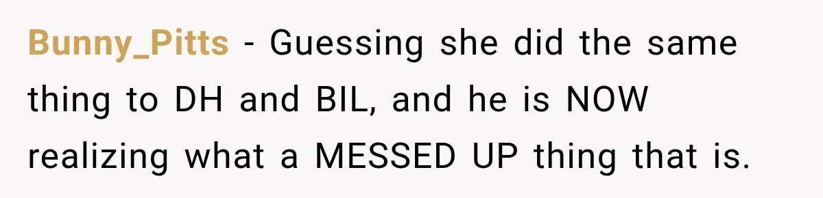 Bunny_Pitts − Guessing she did the same thing to DH and BIL, and he is NOW realizing what a MESSED UP thing that is.