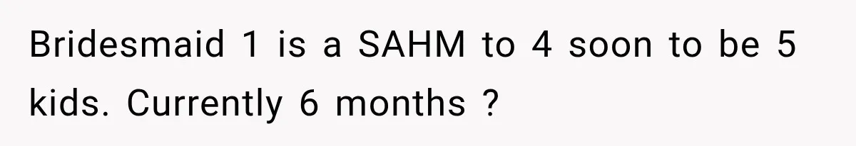 Bridesmaid 1 is a SAHM to 4 soon to be 5 kids. Currently 6 months ?